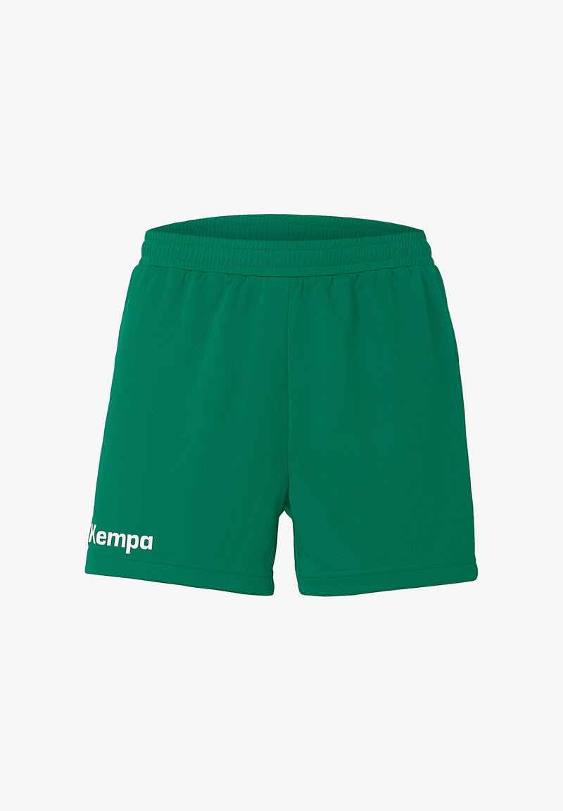 Groene sportshorts gemaakt van zachte stof, met een elastische tailleband en het "Kempa" logo in het wit aan de linkerkant.