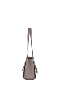 Sac à main en cuir taupe avec texture grainée, deux anses, et zip métallique sur le côté, présenté en vue latérale étroite.