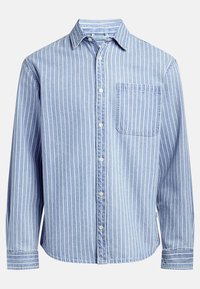 Light blue button-up shirt with thin white vertical stripes, single chest pocket, long sleeves, and buttoned cuffs. Soft, textured fabric.