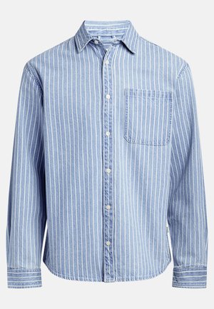 Light blue button-up shirt with thin white vertical stripes, single chest pocket, long sleeves, and buttoned cuffs. Soft, textured fabric.