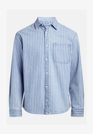 Lichtblauw overhemd met knoopsluiting, met dunne witte verticale strepen, enkele borstzak, lange mouwen en knoopsluiting bij de manchetten. Zachte, gestructureerde stof.