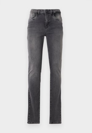 Graue Slim-Fit-Jeans mit leichter Verblassung an den Oberschenkeln und Knien, mit Vorder- und Rückentaschen, Gürtelschlaufen und einem Knopfverschluss.