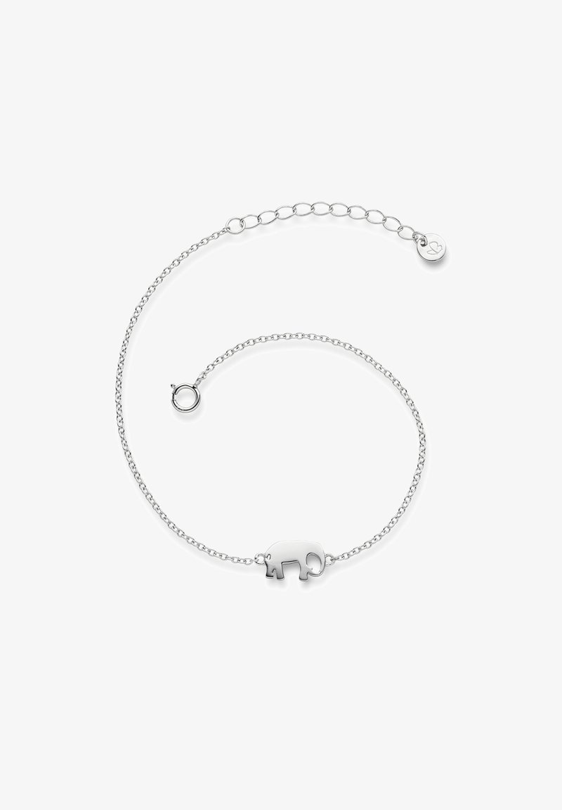 Sidabrinis apyrankė su dramblio žavesiu, su subtilia grandinėle ir reguliuojamu užsegimu, leidžiančiu pritaikyti dydį.