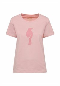 Różowa bawełniana koszulka z okrągłym dekoltem; na środku znajduje się duży, stylizowany wizerunek ptaka w nieco ciemniejszym odcieniu różu.