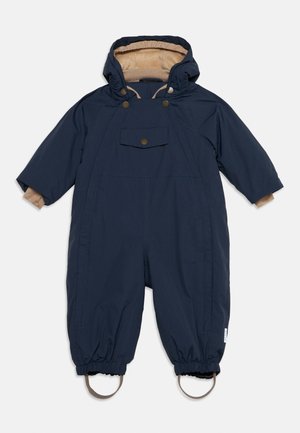 Navy blue insulated toddler snowsuit with hood, front pocket with snap button, and elastic cuffs with foot straps.
