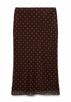 Gonna marrone scuro al ginocchio con pois chiari, taglio dritto e tessuto leggermente trasparente all'orlo.