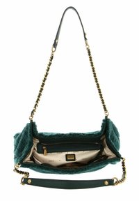 Borsa a tracolla in pelliccia sintetica color teal con catena dorata e tracolla in pelle. L'interno presenta una tasca con zip e una fodera stampata con il logo del marchio.
