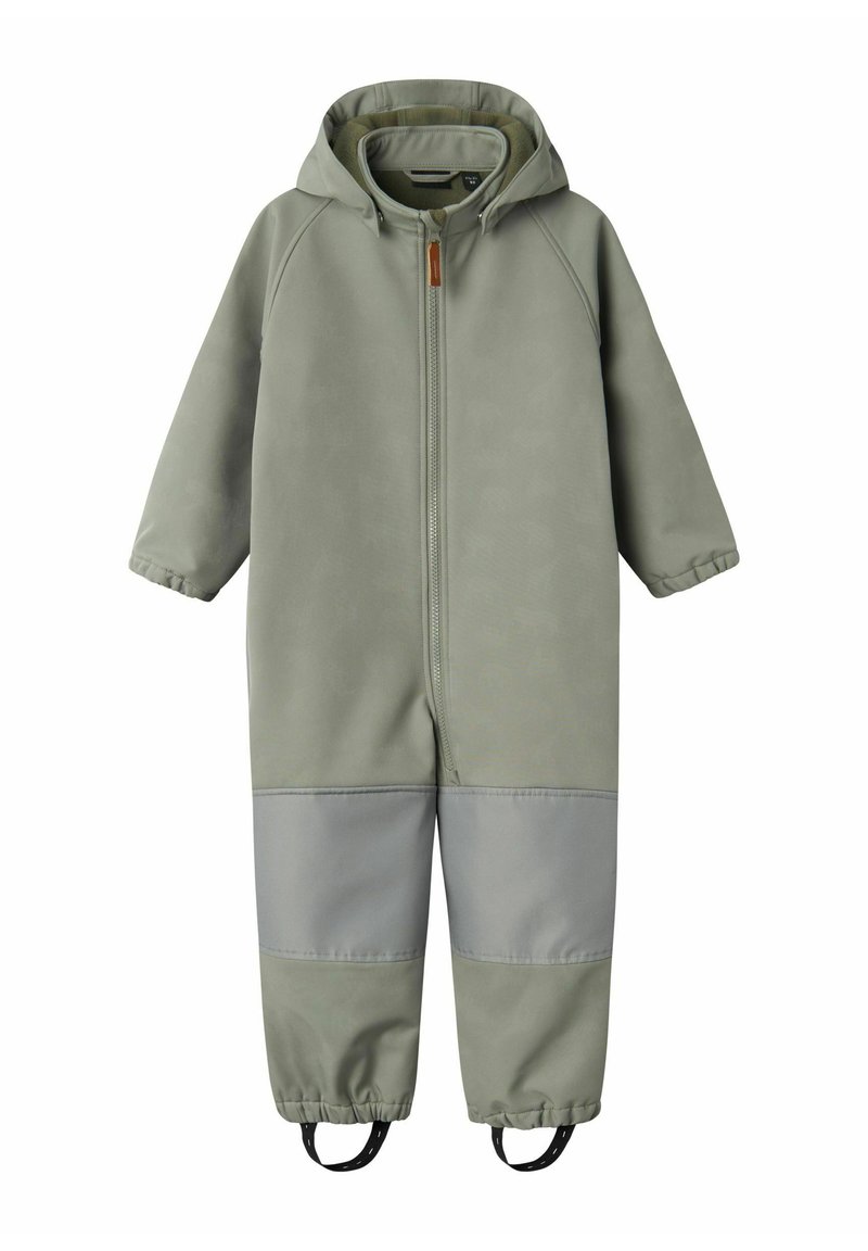 Groene waterdichte eendelige overall met een capuchon, voorknoop, elastische manchetten, grijze accenten op de benen en verstelbare riemen aan de onderkant.