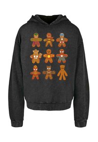 Felpa nera con cappuccio con stampa grafica di supereroi a forma di pan di zenzero in vari colori e design, dotata di tasca a kangaroo frontale.