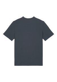 Dunkelgraues T-Shirt mit kurzen Ärmeln aus weichem Baumwollstoff. Einfaches Rundhalsdesign mit glatter Oberfläche und geradem Saum.