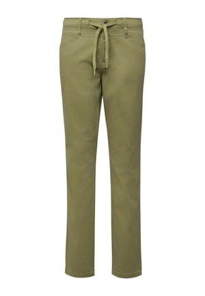 Olivgrüne Straight-Leg-Hose mit Vordertaschen, Gürtelschlaufen und passendem Stoffgürtel an der Taille.