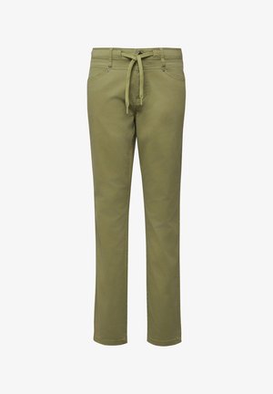 Olivgrüne Straight-Leg-Hose mit Vordertaschen, Gürtelschlaufen und passendem Stoffgürtel an der Taille.