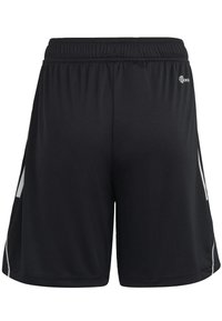 Schwarze Sportshorts mit elastischem Bund, ausgestattet mit weißen Seitenstreifen und einer glatten Textur. Entworfen für Komfort und Beweglichkeit beim Sport.