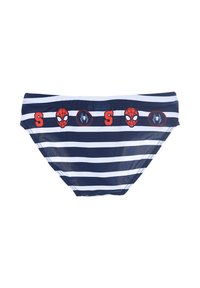 Blaue und weiße gestreifte Schwimmslips mit Spiderman-Grafiken und roten Akzenten. Elastischer Bund und weiches, dehnbares Material.