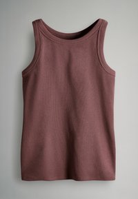 Ribota bezdelīga tumši mauve krāsā ar apaļu kakla izgriezumu un plašām armholes. Gluda tekstūra; ikdienišķs, pieguļošs dizains, kas piemērots slāņošanai.