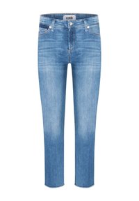 Jean bleu clair à coupe droite avec fermeture par bouton et zip, poches avant, et détails subtilement délavés aux cuisses et aux genoux.