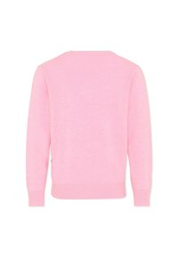Maglione rosa a maglia con maniche lunghe, scollo tondo, polsini e orlo a coste, texture leggera e dettagli di cucitura discreti sulla manica sinistra.