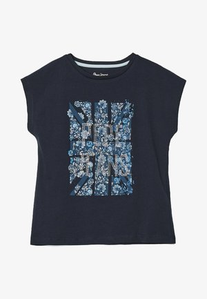Marineblå kortærmet t-shirt med blomster Union Jack-design og sølvnitter med teksten "Pepe Jeans" på forsiden.