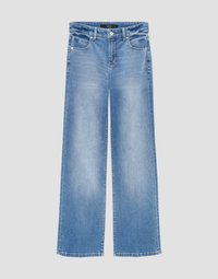 Light blue wide-leg jeans in denim fabric, featuring a button closure, front pockets, and contrasting stitching along the seams.