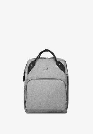 Black stroller handle with a textured grip, featuring a grey fabric bag secured by straps, with a small tag reading “ENGELI'S.”