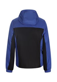 Blå og sort vandtæt jakke med hætte, der har en glat tekstur, elastiske manchetter og kontrasterende sidepaneler.