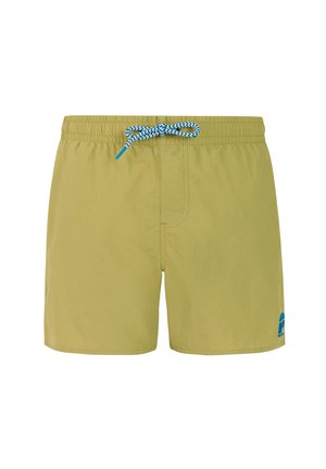 Olijfgroene zwembroek met elastische tailleband, blauw-wit patroonkoord en klein blauw logo op het onderste linkerbeen.