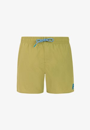 Short de bain vert olive avec taille élastique, cordon bleu et blanc à motifs et petit logo bleu sur la partie inférieure de la jambe gauche.