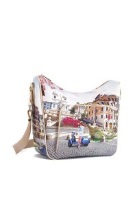 Borsa a tracolla realizzata in tessuto testurizzato con una scena multicolore di Venezia, zip dorata e tracolla beige.