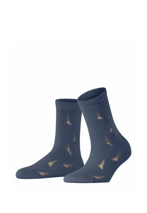 Blaue Baumwollknöchelsocken mit einem gerippten Design, das ein Muster aus goldenen dreieckigen Akzenten aufweist. Weicher Stoff mit mittlerer Dicke.