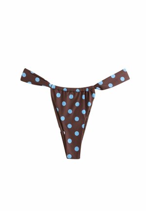 Brauner Bikinihosenunterteil mit großen hellblauen Punkten und breiten Seitenschleifen, vor weißem Hintergrund dargestellt.