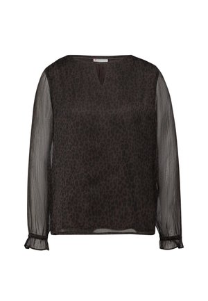 Svart leopardmönstrad blus med genomskinliga långa ärmar, V-ringning och elastiska manschetter; slät textur med en lätt design.