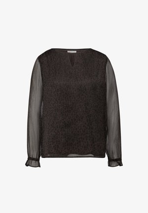 Blusa de estampado de leopardo negro con mangas largas transparentes, escote en V y puños elásticos; textura suave con un diseño ligero.