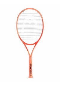 Pink tennis racket with an oval head, stringed face, and a textured handle. "HEAD" logo in black on the grip.