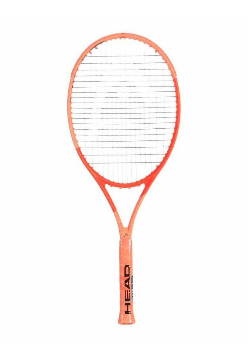 Pink tennis racket with an oval head, stringed face, and a textured handle. "HEAD" logo in black on the grip.
