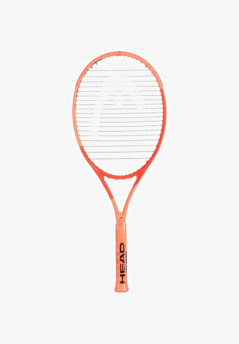 Pink tennis racket with an oval head, stringed face, and a textured handle. "HEAD" logo in black on the grip.