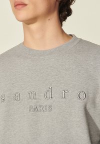 Sudadera gris con cuello redondo. Presenta las palabras "sandro" y "PARIS" en bordado en relieve. Textura suave con puños de canalé.
