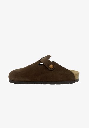 Brown suede clog with an adjustable strap and a metal button. Features a cork footbed and a textured rubber sole for grip.