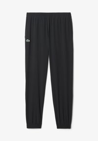 Zwarte sportbroek met elastische tailleband en boorden, voorzien van een klein groen krokodillenlogo op de linker bovenbeen.