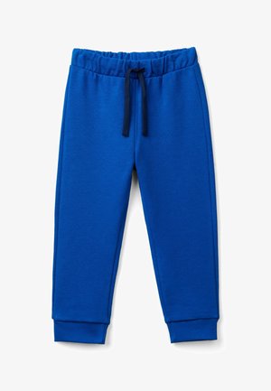 Blaue Jogginghose mit elastischem Bund und Bindegurt, gerippten Bündchen und weicher Stoffstruktur. Keine Taschen oder sichtbare Markenkennzeichnung.