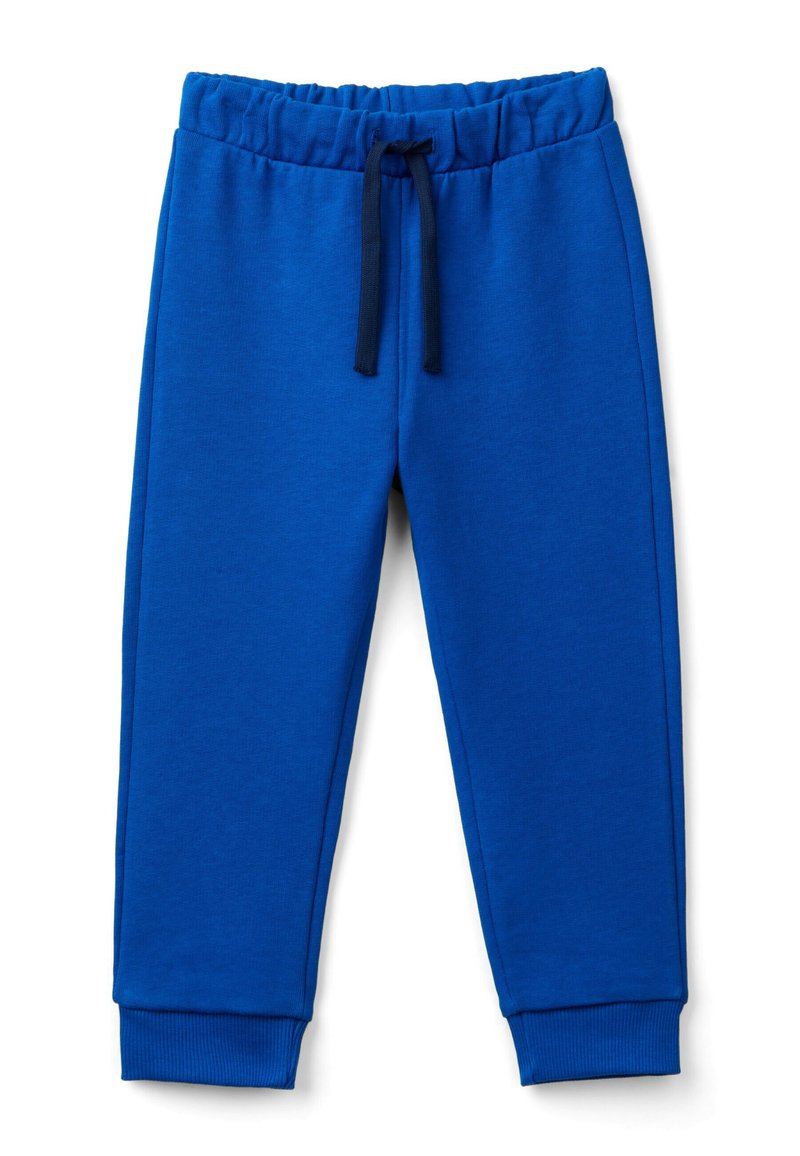 Pantaloni tuta blu con vita elasticizzata e cordino, polsini a coste e morbida texture del tessuto. Nessuna tasca o marchio visibile.