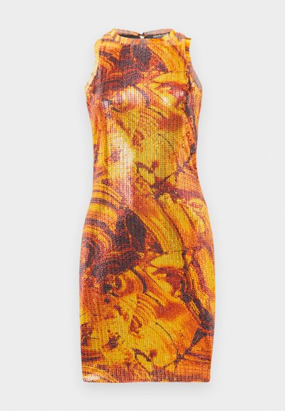 Fitted sleeveless dress in vibrant orange and yellow with abstract dark patterns; textured fabric; round neckline with back zipper detail.