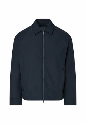 Veste bleu marine foncé à col pointu, manches longues, fermeture éclair sur le devant et deux poches latérales, sur fond blanc.