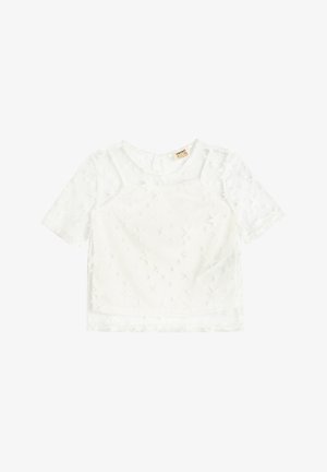 Weißes kurzärmliges Oberteil aus durchsichtigem Stoff mit strukturierten Sternmustern, versehen mit einem runden Ausschnitt und einem Schlüsselrückenverschluss.