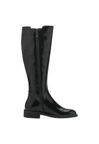 Bottes noires en cuir verni, montantes jusqu'au genou, avec une fermeture éclair sur le côté, bout rond et petit talon carré. Texture lisse et finition brillante.
