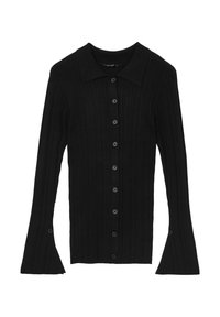 Schwarze gerippte Strickjacke mit kragenförmigem Ausschnitt, knopflosem Frontverschluss und ausgestellten Ärmeln. Sie ist aus strukturiertem Stoff gefertigt und besitzt runde schwarze Knöpfe.