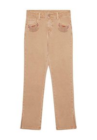 Jeans de algodón beige con bolsillos frontales, diseños de conchas bordados en los bolsillos traseros, ligera campana en el dobladillo y aberturas laterales.