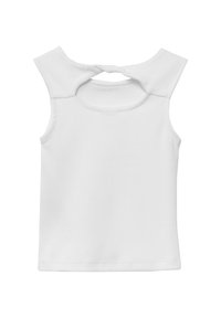 Witte mouwloze geribbelde top met gedraaide knoopdetail en ronde uitsnijding bij de bovenborst en schouders.
