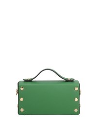 Borsa a mano in pelle verde di forma squadrata, con manico superiore e dettagli in oro. Superficie liscia con borchie decorative sui lati.