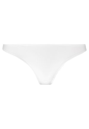 Bas de bikini blanc en tissu doux, avec une texture lisse et des coutures minimales. Design classique de tanga avec une taille basse.