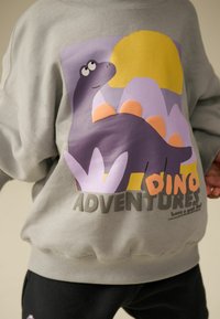 Sweatshirt gris avec un graphisme de dinosaure en violet, accentué par un soleil jaune et un fond multicolore avec le texte "AVENTURES DE DINOSAURE".